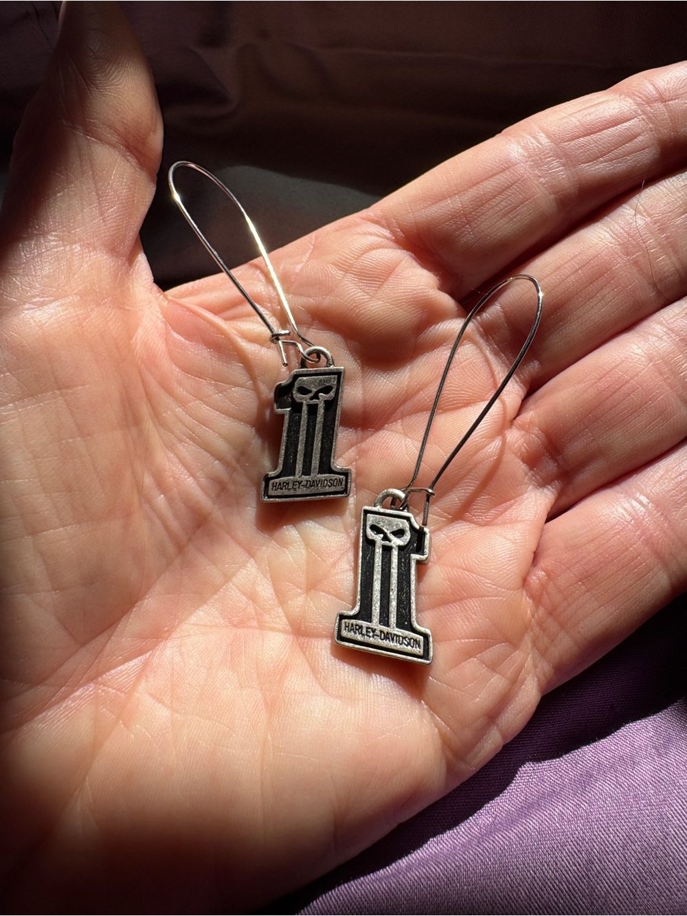 Authentic Harley-Davidson Blackened Silver Skull and Number 1 Dangle Earrings